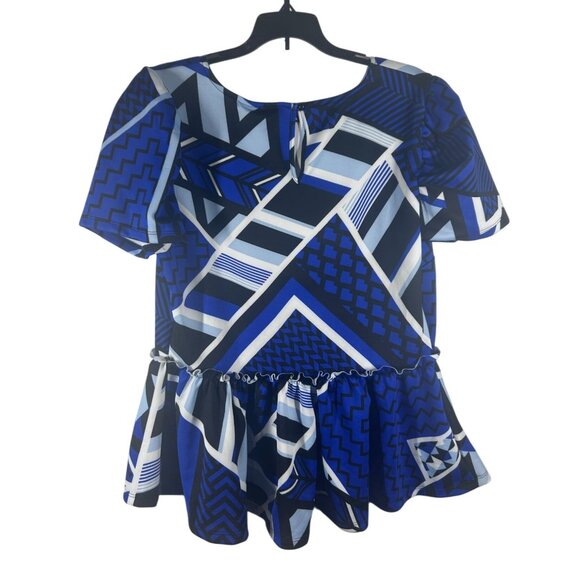 Ashley Stewart Peplum Top Women's Size Large  14/16‎ Blue Geometric Design NEW - Picture 2 of 8